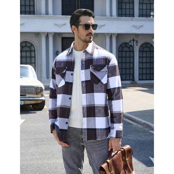 Men's Black & Grey Brushed Cotton Plaid Flannel Button Down Shirt Jacket - Picture 3 of 7